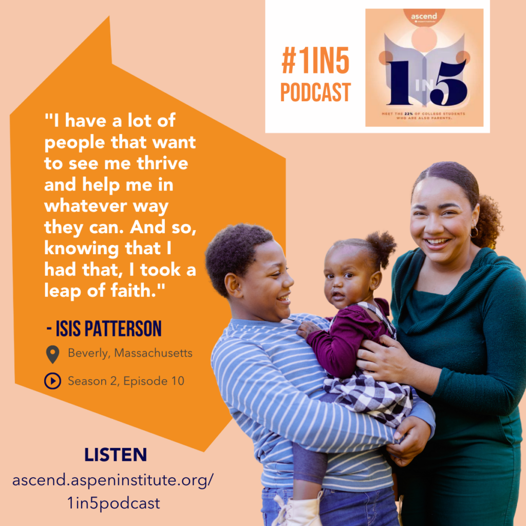 Graphic promoting Isis Patterson's '1 in 5' podcast episode. The graphic includes a photo of Isis and her son and daughter, as well as Isis's quote: "I have a lot of people that want to see me thrive and help me in whatever way they can. And so, knowing that I had that, I took a leap of faith."