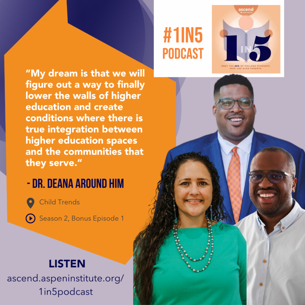 Graphic featuring Dr. Deana Around Him, Julian Thompson, and David Croom. Includes a quote from Dr. Around Him: "My dream is that we will figure out a way to finally lower the walls of higher education and create conditions where there is true integration between higher education
spaces and the communities that they serve."