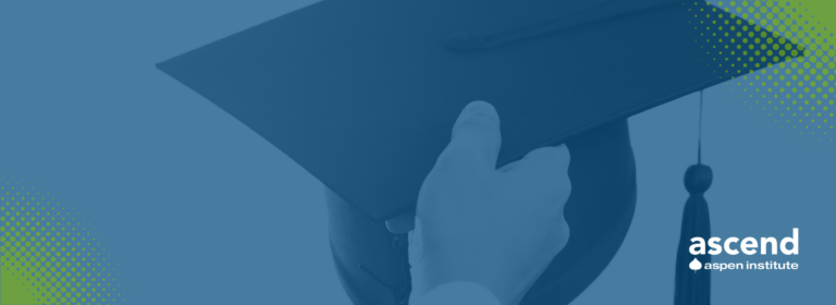 Graphic showing a student's hand holding a graduation cap against a blue background.