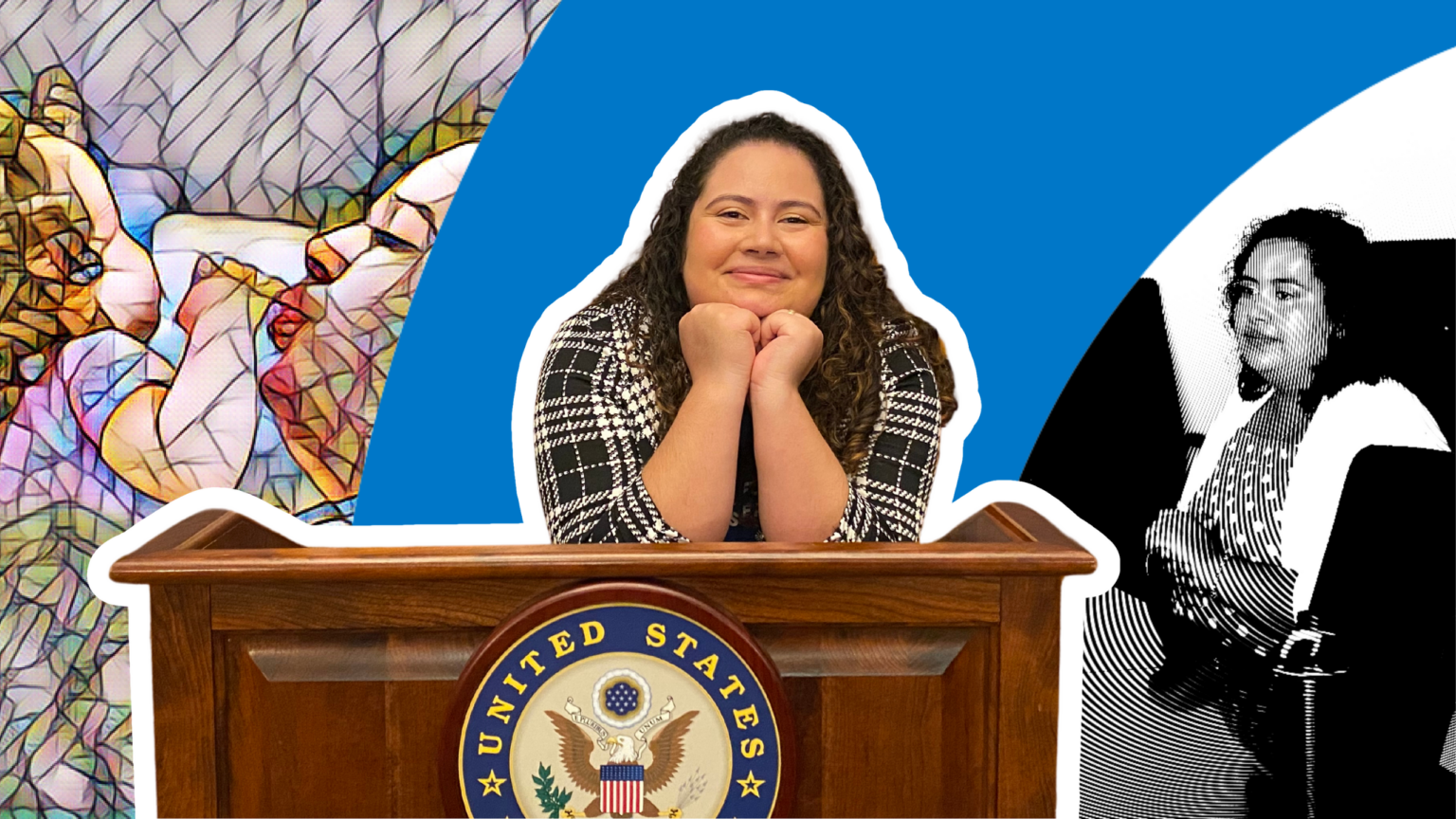 Graphic showing Yoslin Amaya Hernandez against the blue arc of Ascend's brand. Left of her is a photo of her with her daughter, and to her right is a photo of her at a policy meeting.
