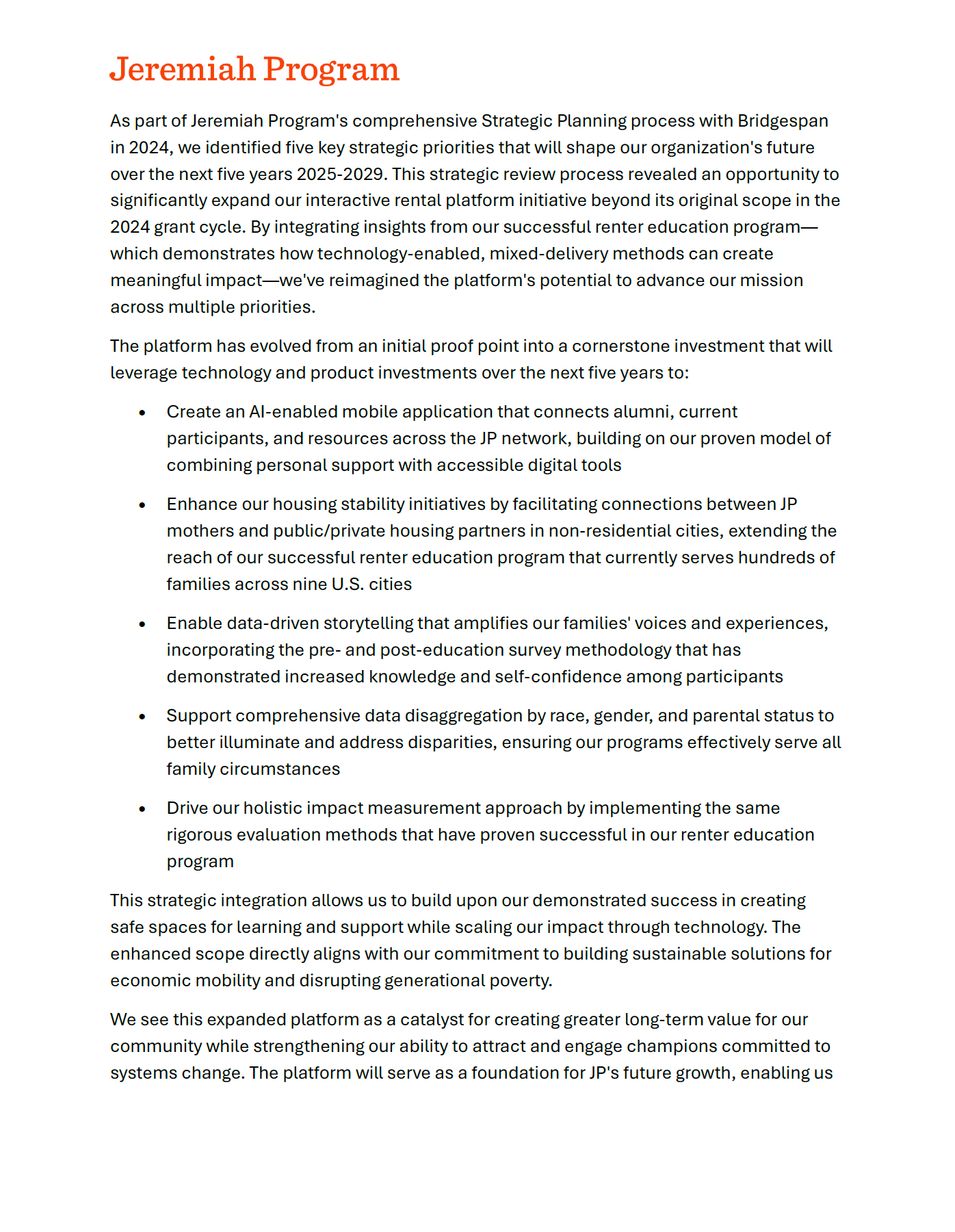 Jeremiah Program Strategic Priorities