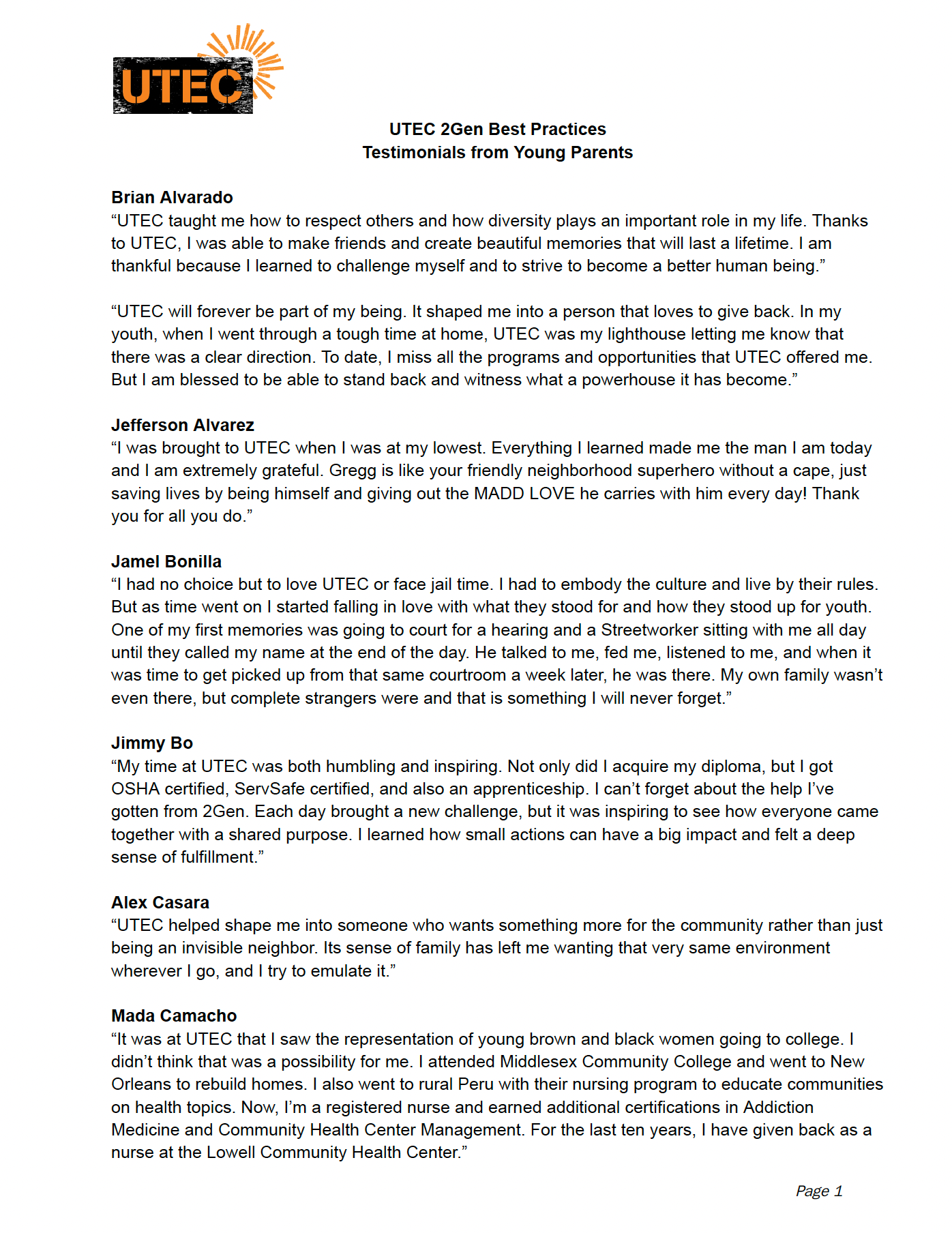 UTEC 2Gen Best Practices: Testimonials from Young Parents