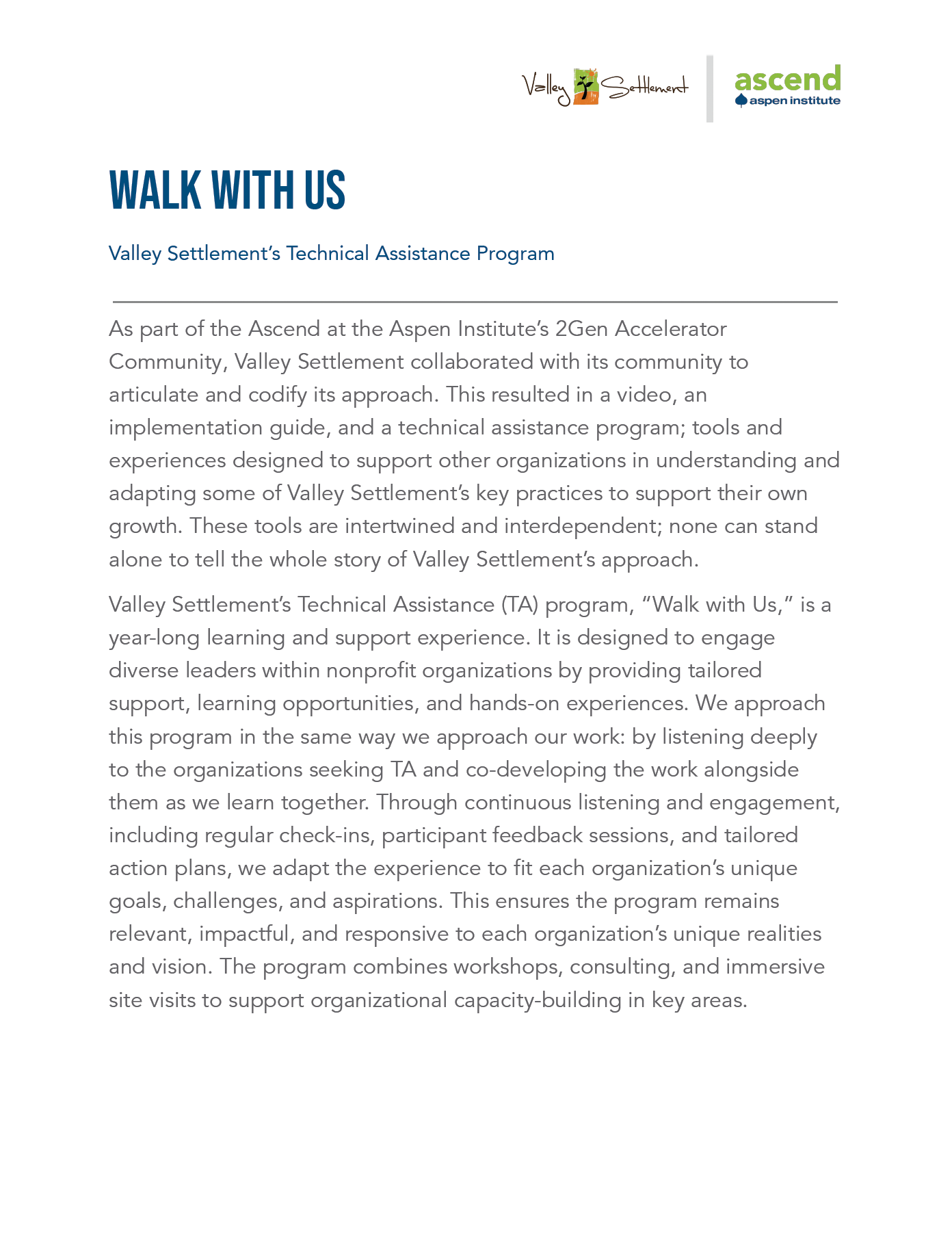 Walk With Us: Valley Settlement’s Technical Assistance Program